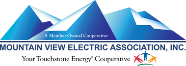 Logo for Mountain View Electric Association, Inc. features blue mountains and a diverse group of people.