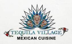 Logo for Tequila Village Mexican Cuisine: blue agave with sugar skull, script text, rose accents.