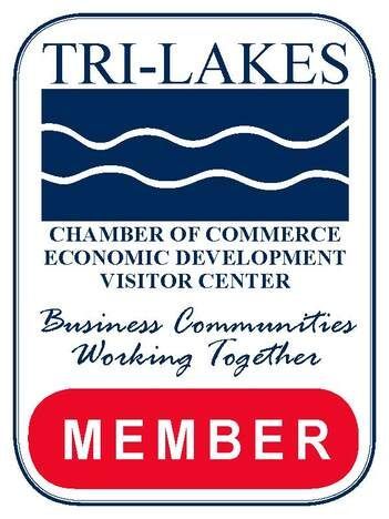 Tri-Lakes Chamber of Commerce logo: blue waves, text, red 