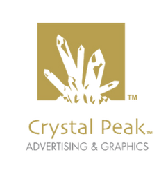 Logo for Crystal Peak: White crystal formation in gold square; name and advertising services text below.