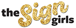 Logo for The Sign Girls, featuring gold glitter text, black text.
