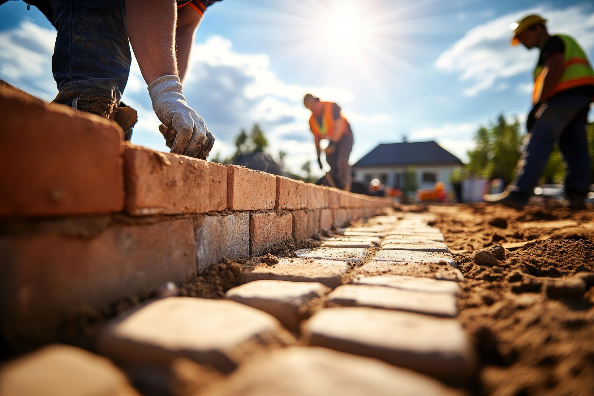 Construction workers laying bricks outdoors in bright sunlight.