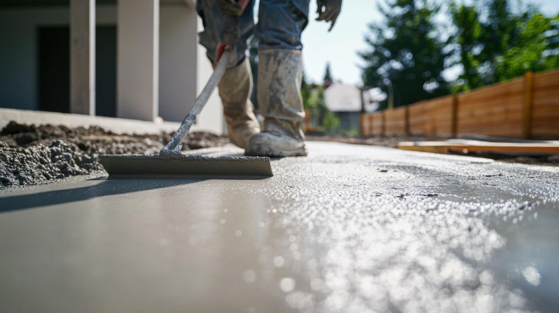 Construction worker smoothing wet concrete with a long trowel.