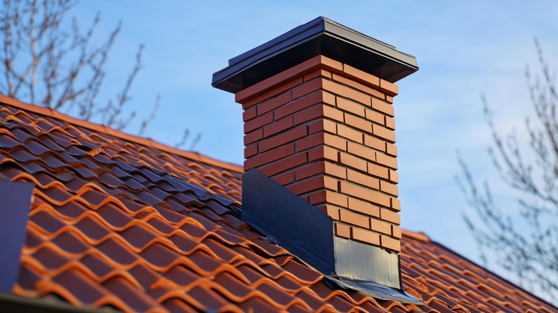 Brick chimney on a tiled roof, blue sky in the background.