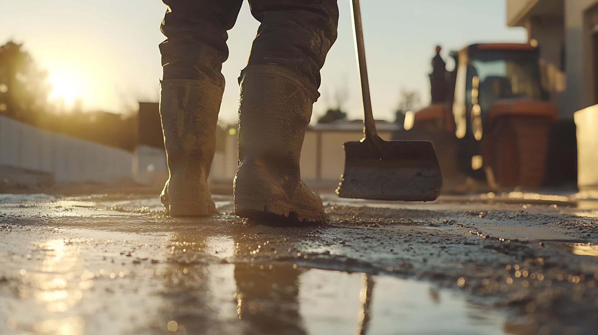 Person in muddy boots sweeping wet concrete at a construction site, sun in the background.