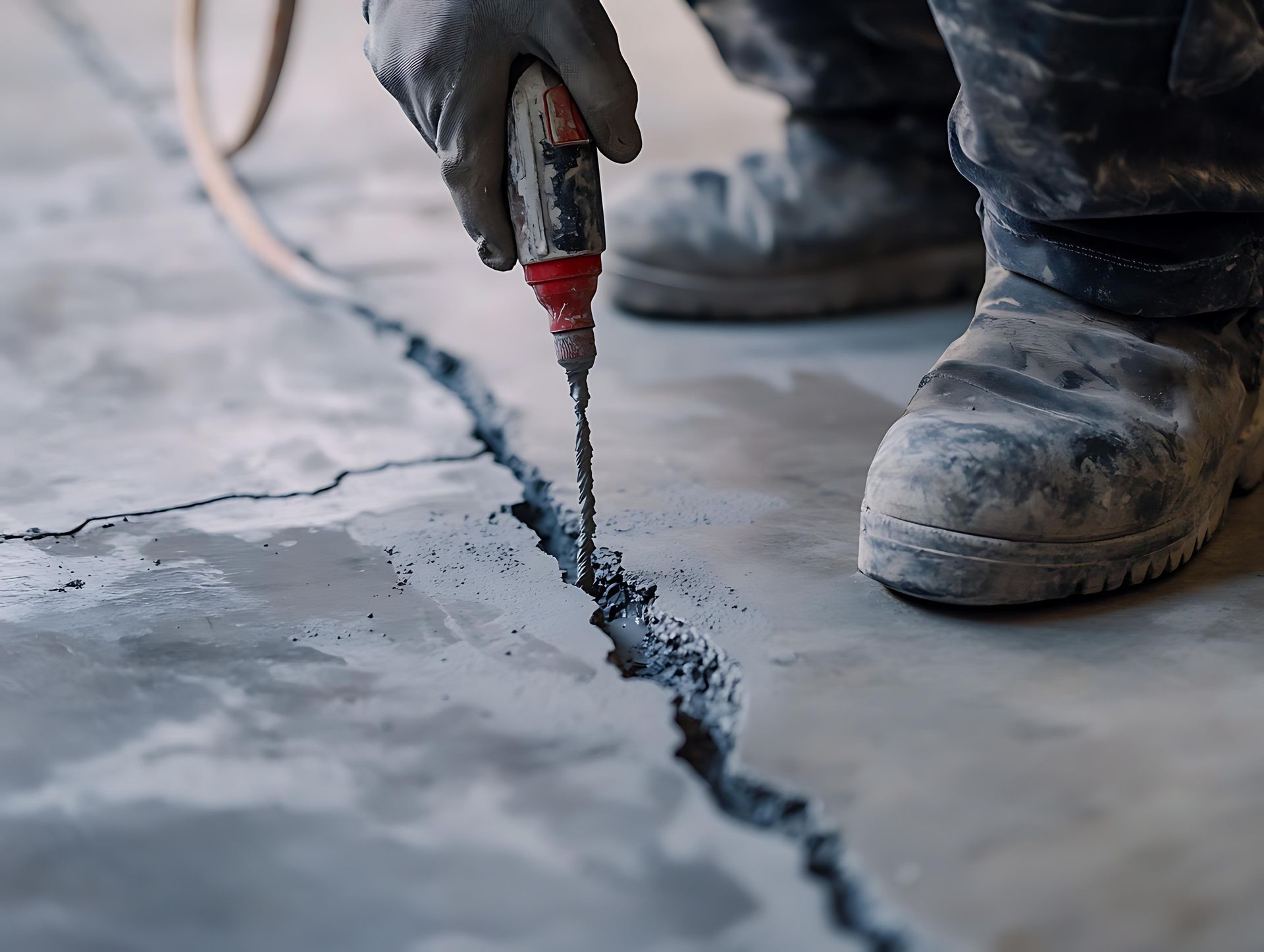 Person repairing a crack in concrete floor with a drill; work boots visible.
