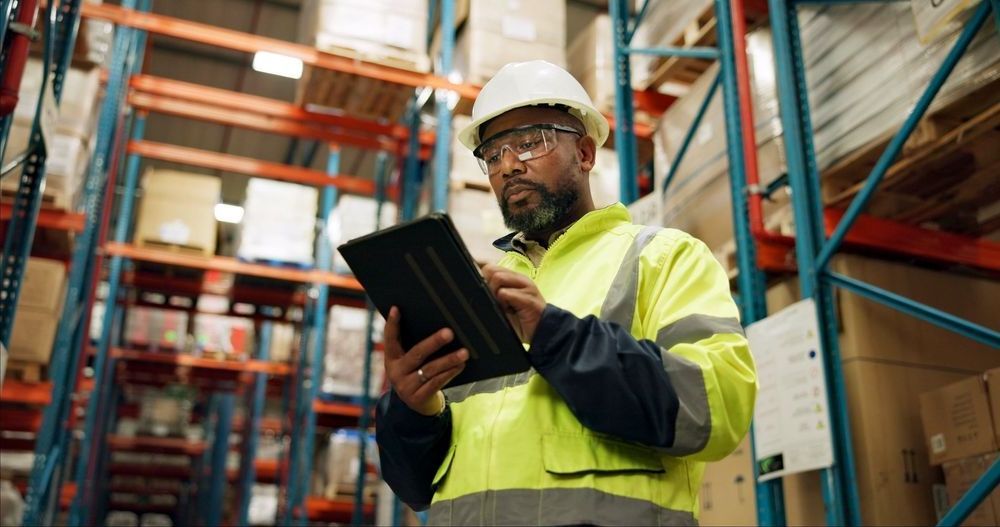 A man is using a tablet in a warehouse.