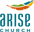 The logo for arise church has a colorful feather on it.