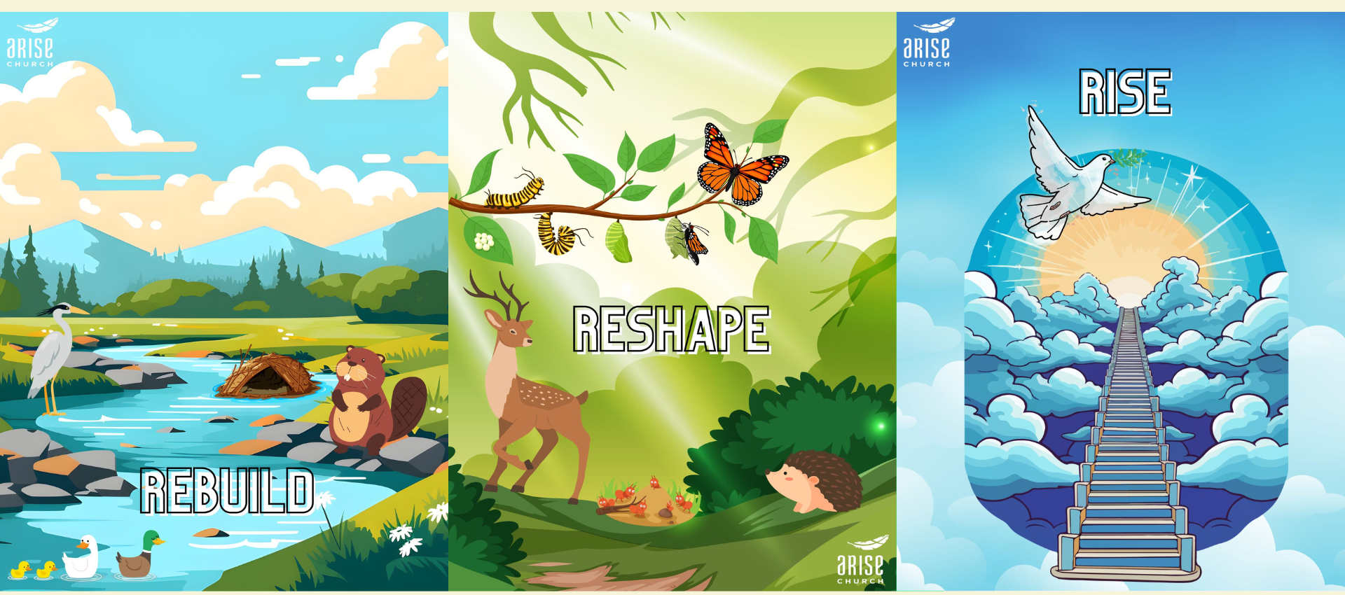 Three posters with animals and the word rise on them