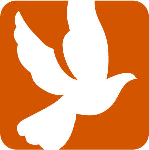 A white dove is flying in an orange square