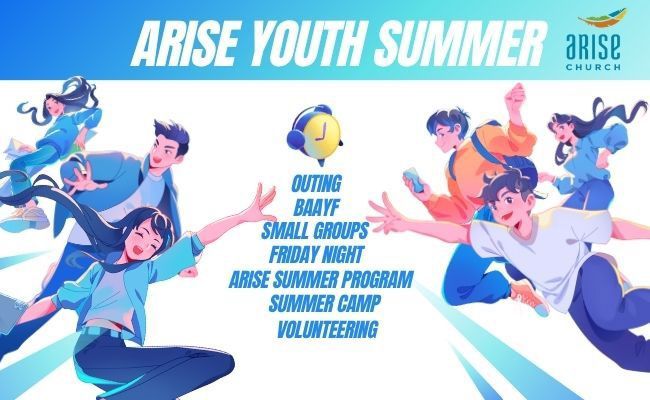 Arise Church Summer Camp flyer, 8/7-8/9 at Redwood Christian Park, featuring a cross graphic and event details.