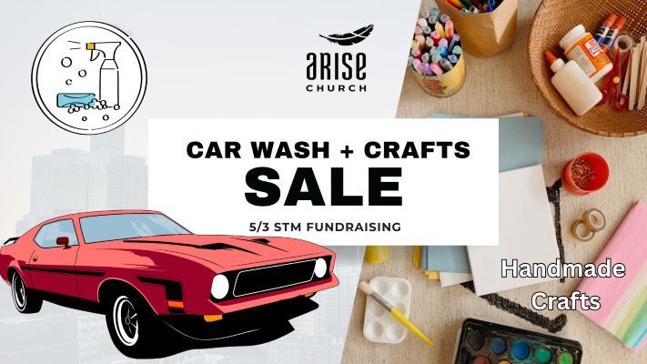 Arise Church Summer Camp flyer, 8/7-8/9 at Redwood Christian Park, featuring a cross graphic and event details.