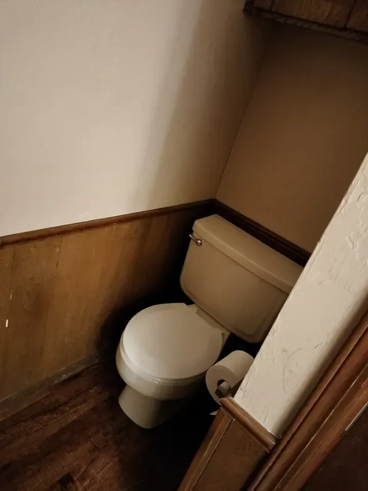 A bathroom with a toilet and a roll of toilet paper