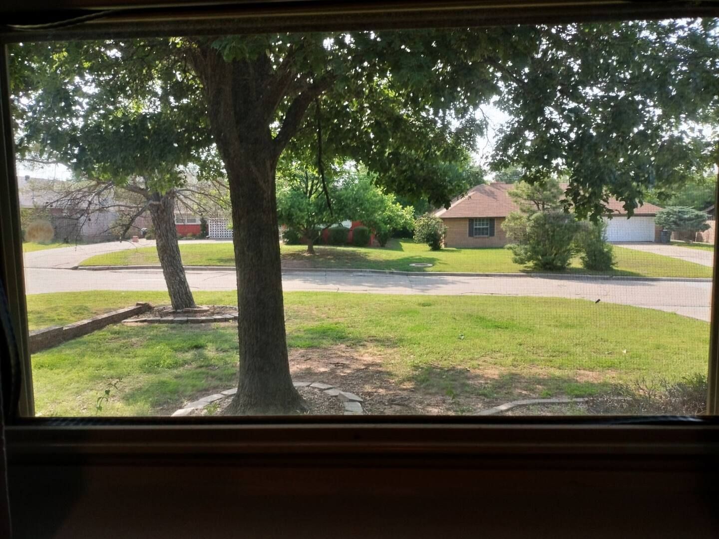 A view of a residential neighborhood through a window.
