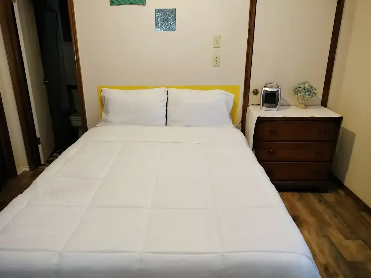 A bedroom with a bed and a dresser