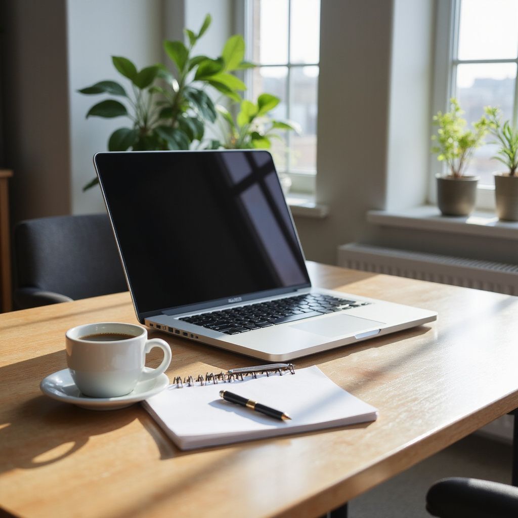Laptop, coffee cup, notebook, and pen on a wooden desk near a window with plants.