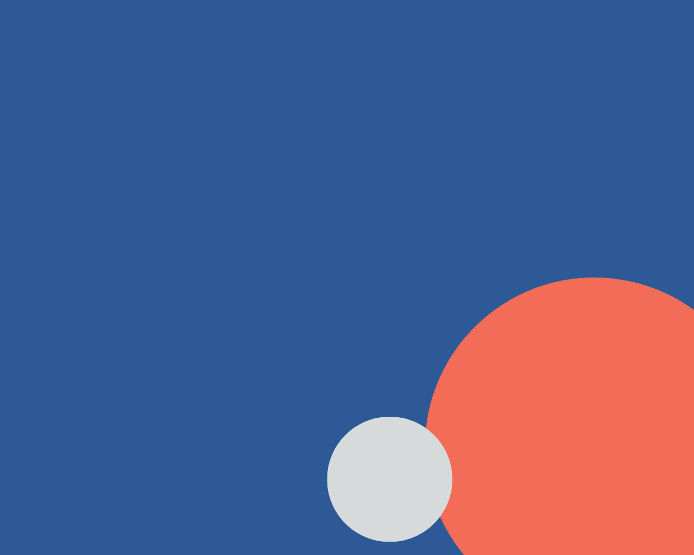 Blue background with a coral and light gray circle overlapping in the lower right corner.