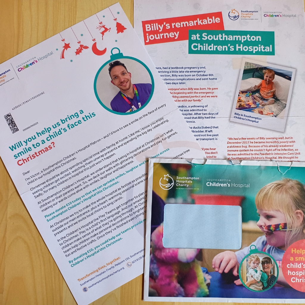 Promotional materials from Southampton Children's Hospital, including a letter, and brochure, featuring a child, promoting Christmas donations