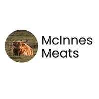 Logo for McInnes Meats: Highland cow in a field, with company name in black text beside it.
