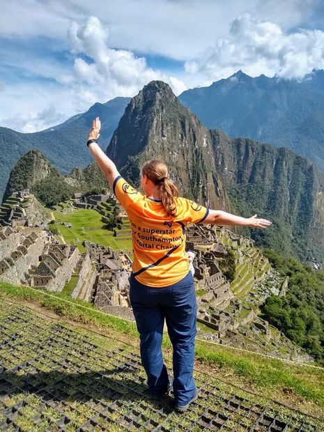 Back of someone standing in front of Machu Picchu Peru