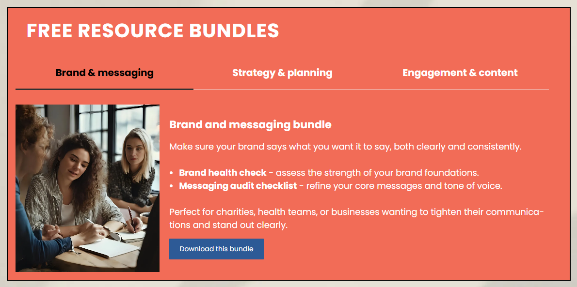 Free resource bundles, includes a team working together, text and a call to action.