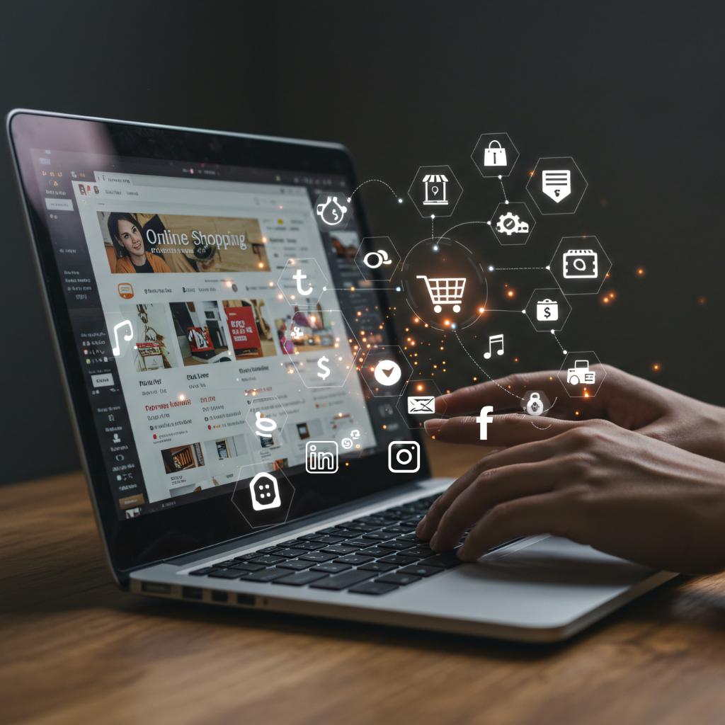 Open laptop with icons for social media 