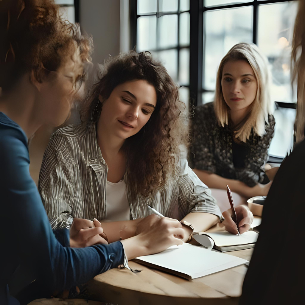 Women talking together and writing with pens