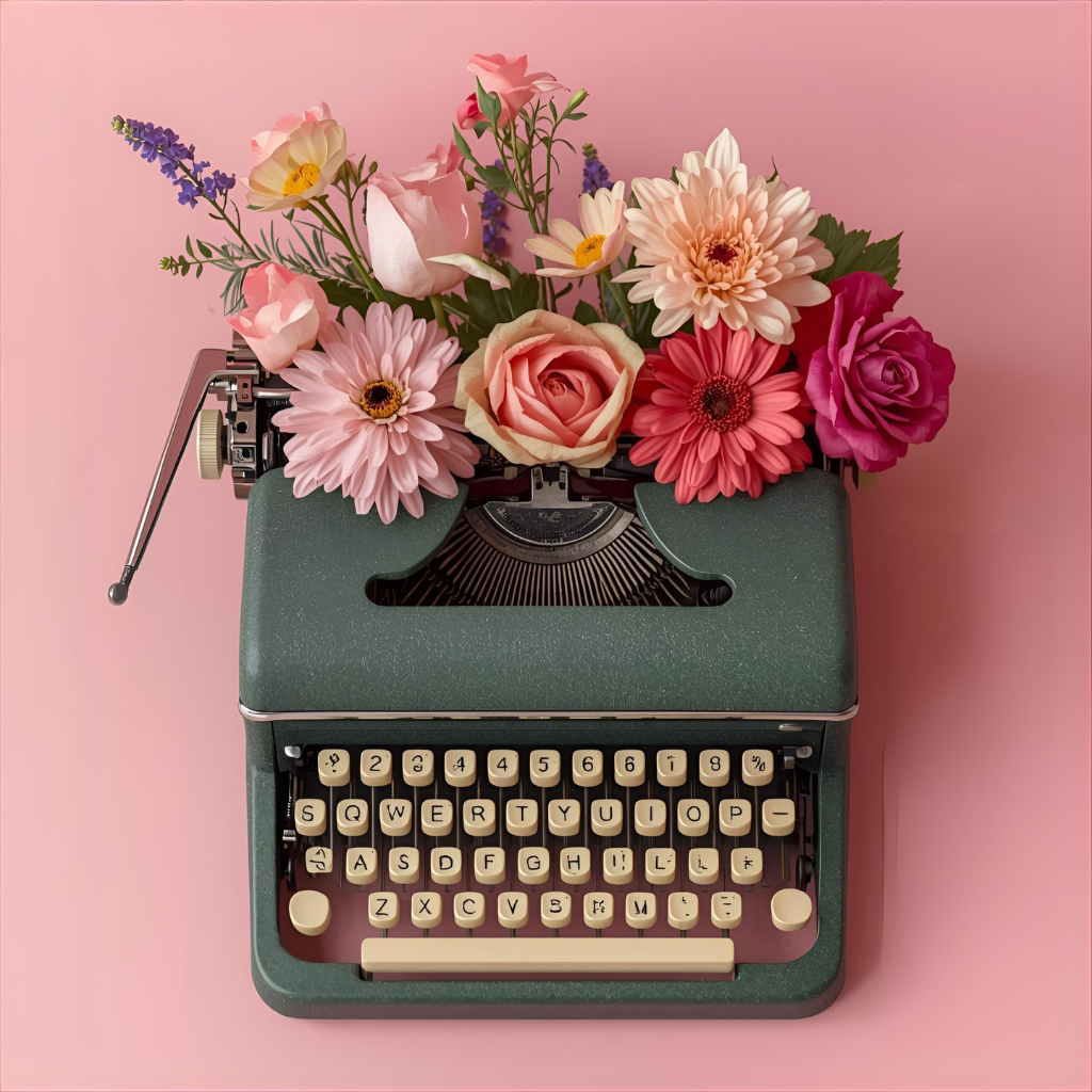 Green typewriter with colorful flowers on a pink background.