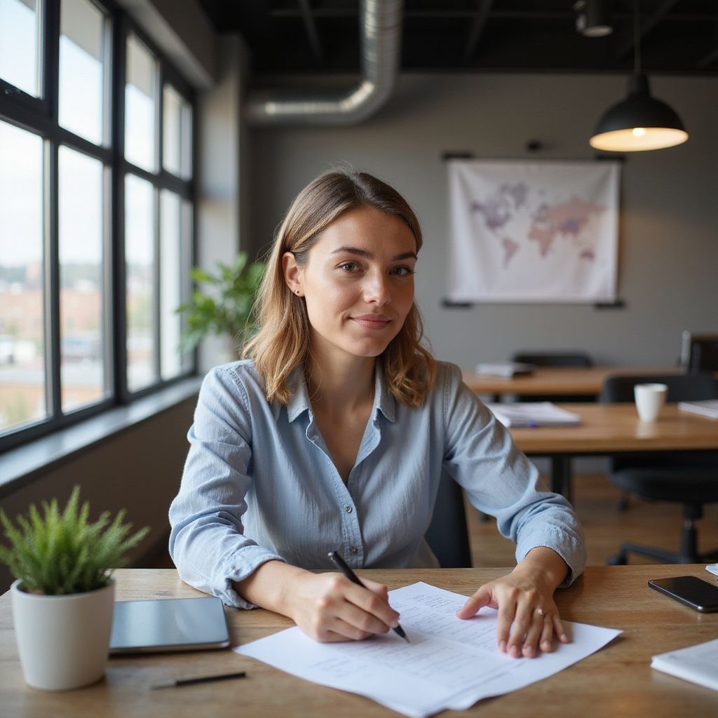 Smiling lady at desk with pen and paper