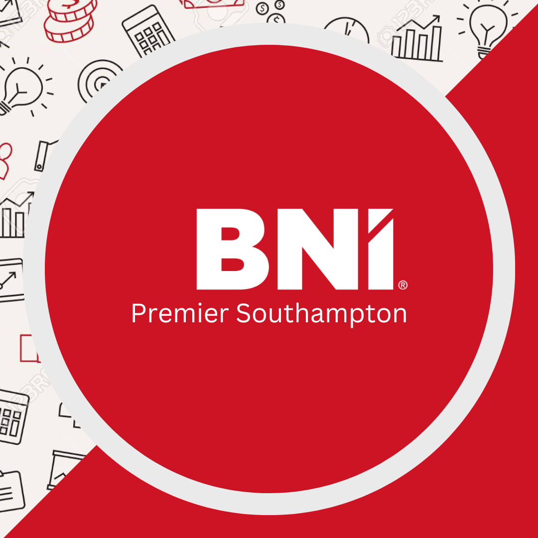 Red circle with BNI Premier Southampton in the middle on a white background