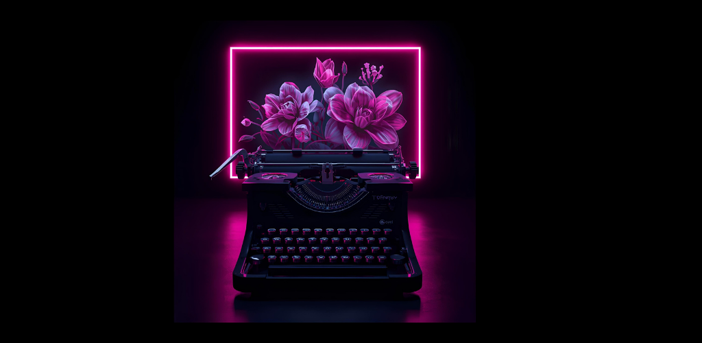 Typewriter with flowers in front of a neon pink screen and black background