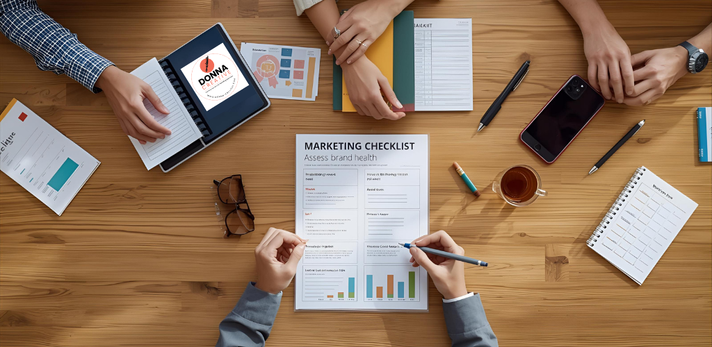 Business meeting around a wooden table with papers, pens, and a phone.
