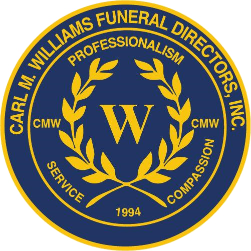 Circular logo: Carl M. Williams Funeral Directors, Inc., navy and gold. Central "W" in laurel wreath. Keywords: Professionalism, Service, Compassion.