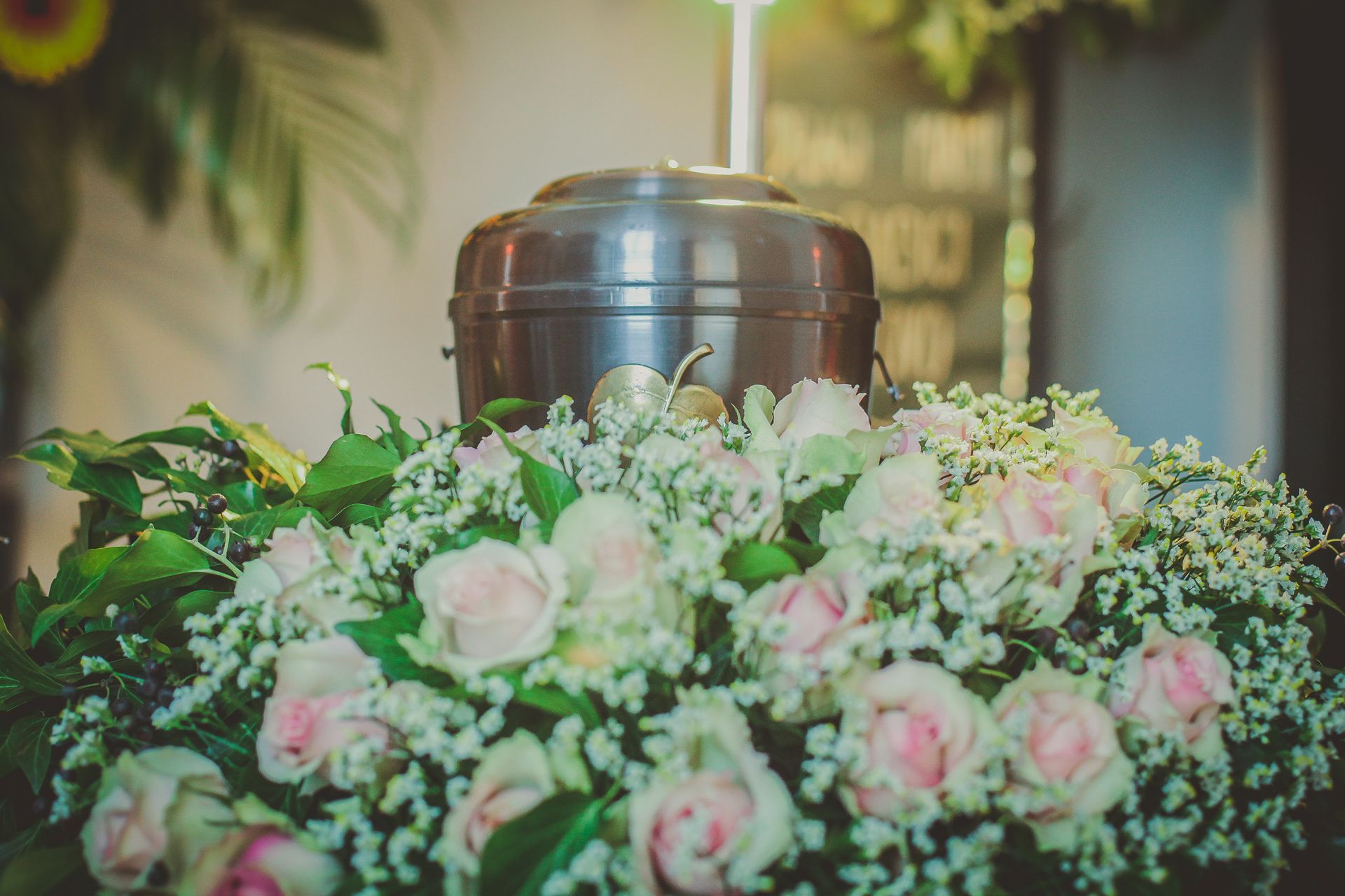Urn on a bed of white and pink roses. Funeral setting, blurred background.