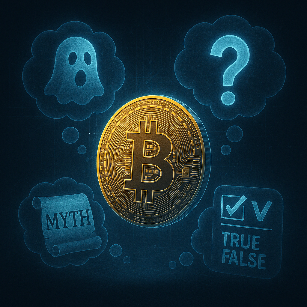 A bitcoin is surrounded by a ghost , myth , and question marks.