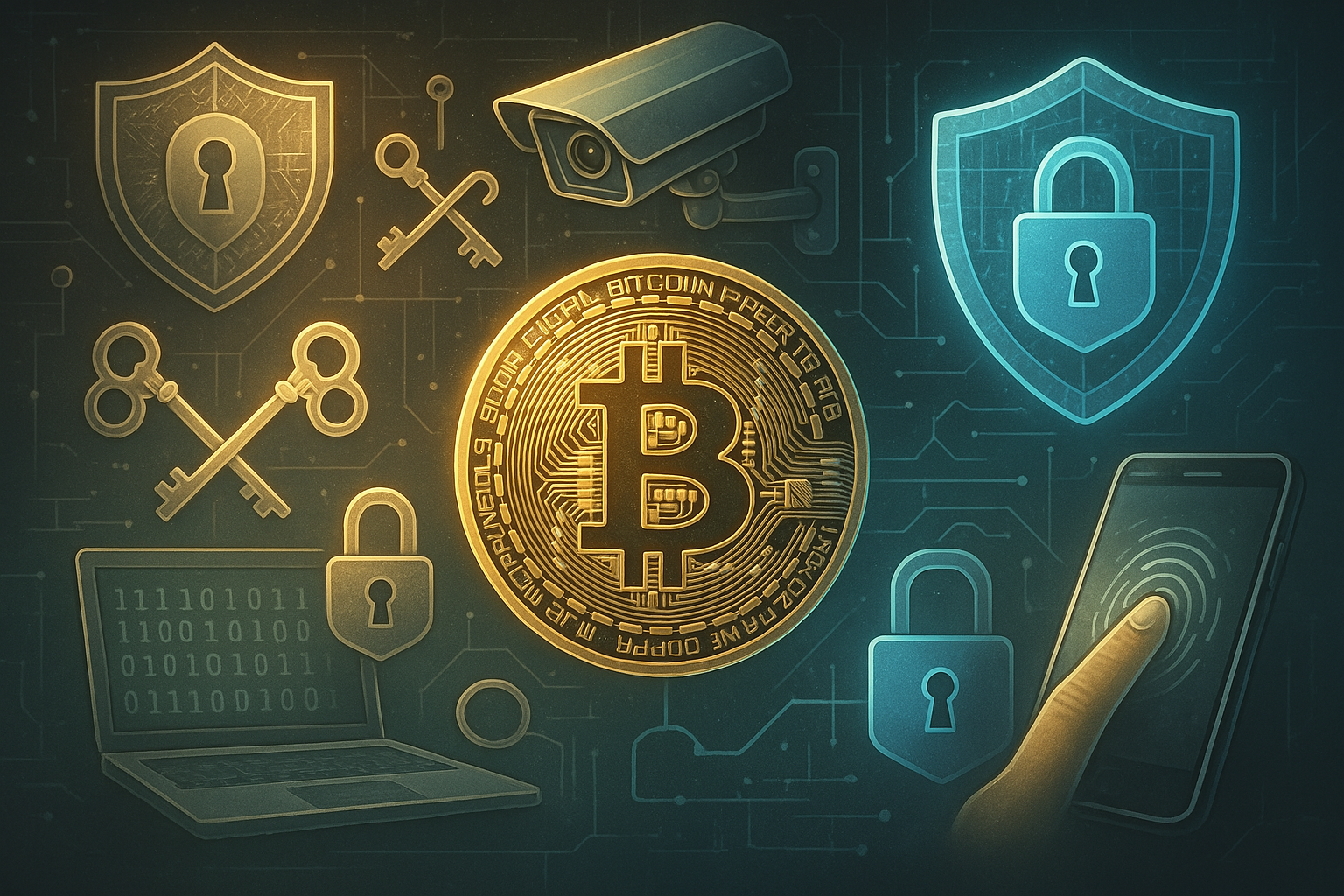 A bitcoin is surrounded by a bunch of security icons.