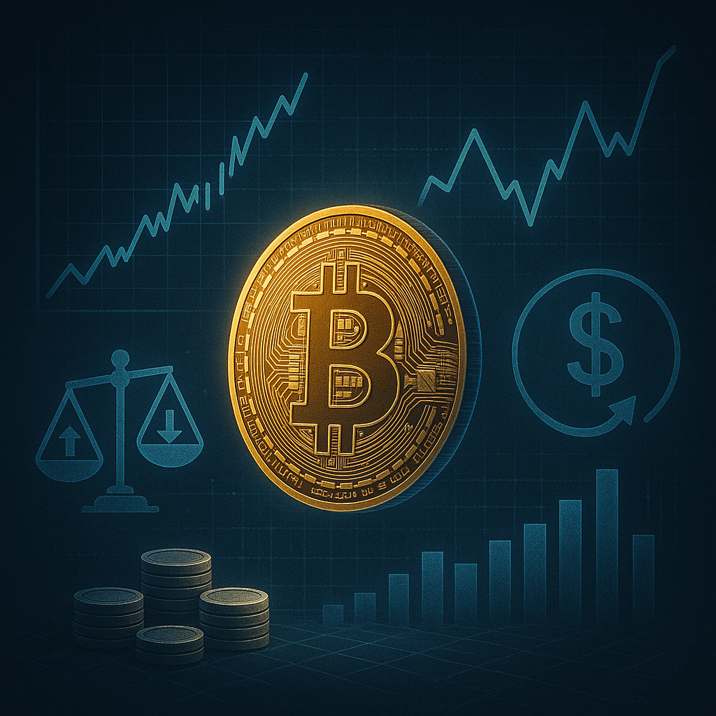 A gold coin with the letter b on it is surrounded by graphs and scales of justice.