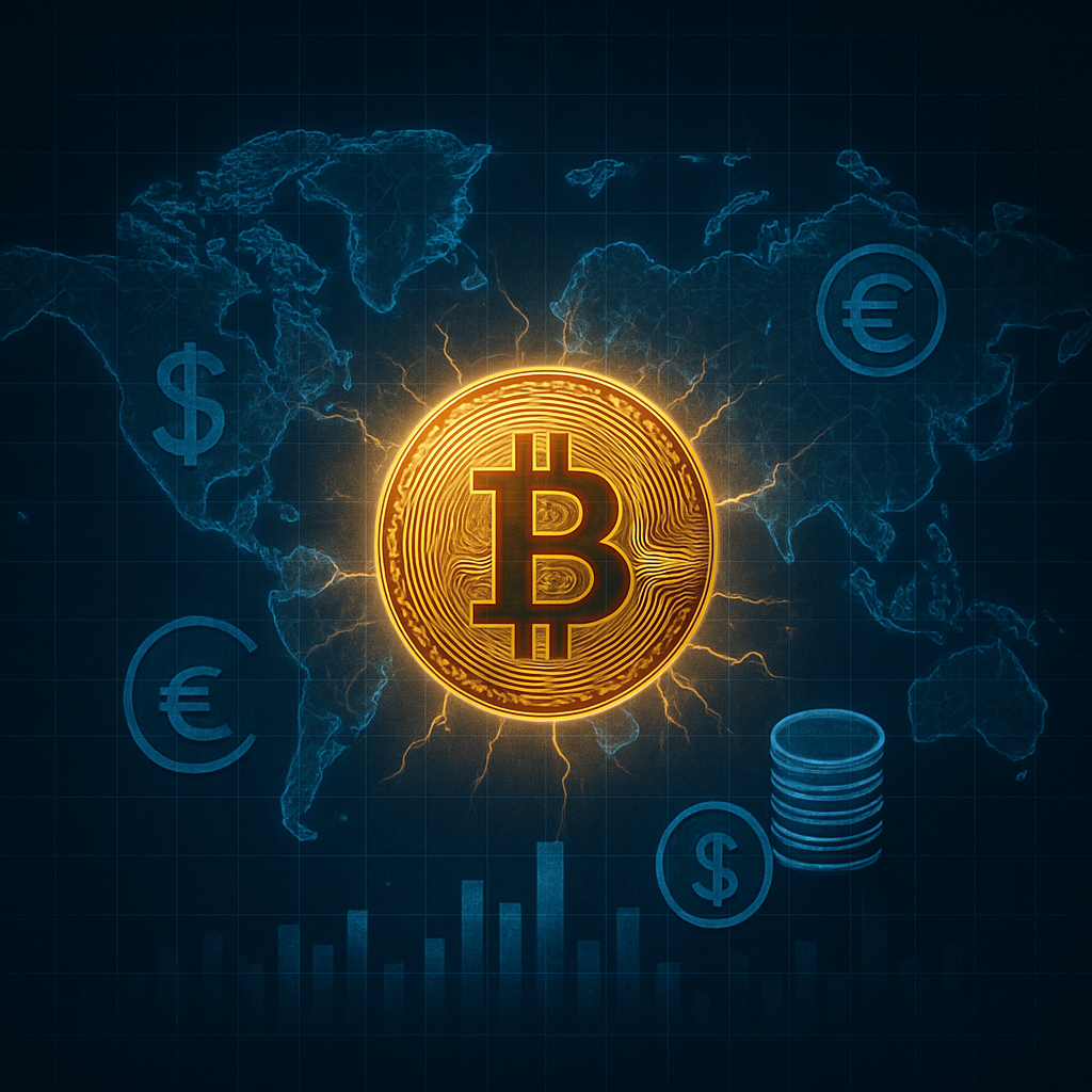 A bitcoin is surrounded by currency symbols and a map of the world.
