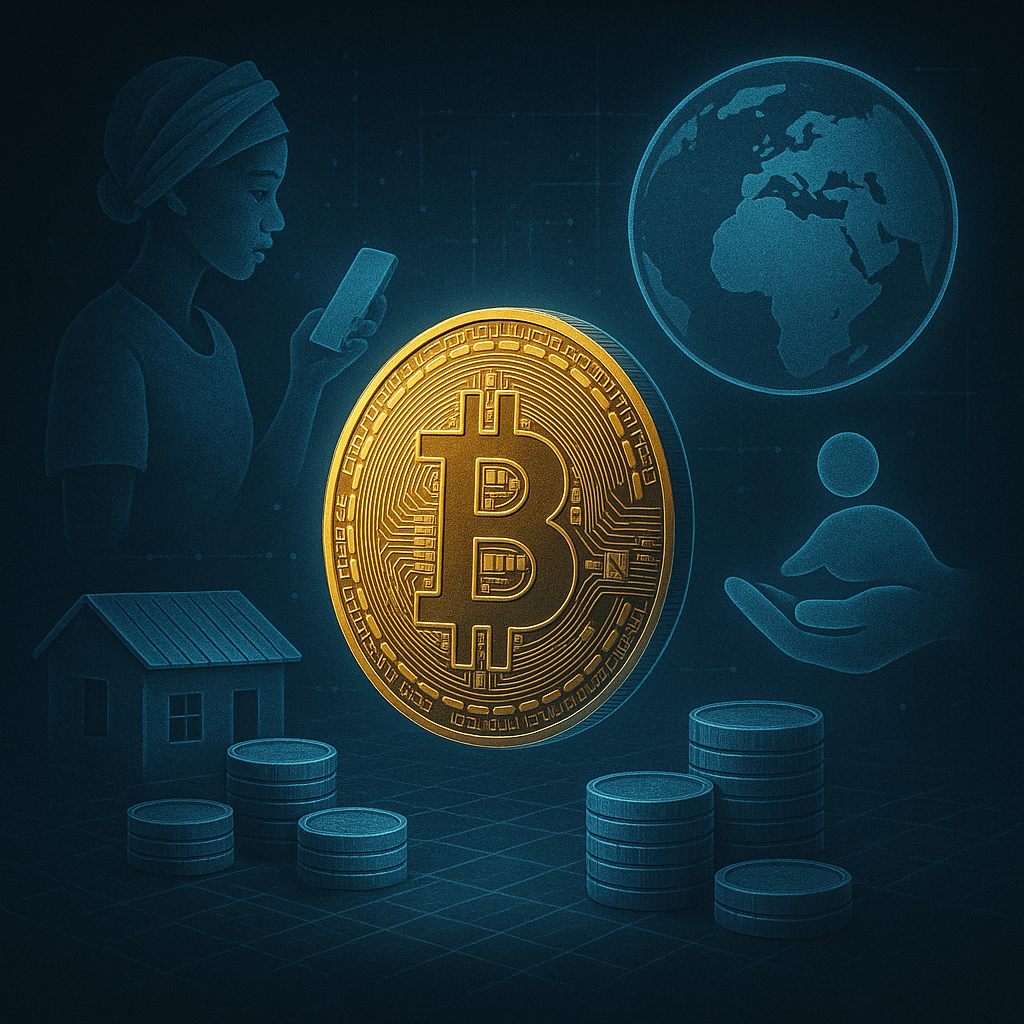 A woman is holding a cell phone next to a bitcoin surrounded by stacks of coins.