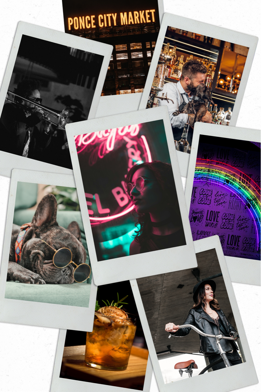 A collage of polaroid pictures with a rainbow in the middle.