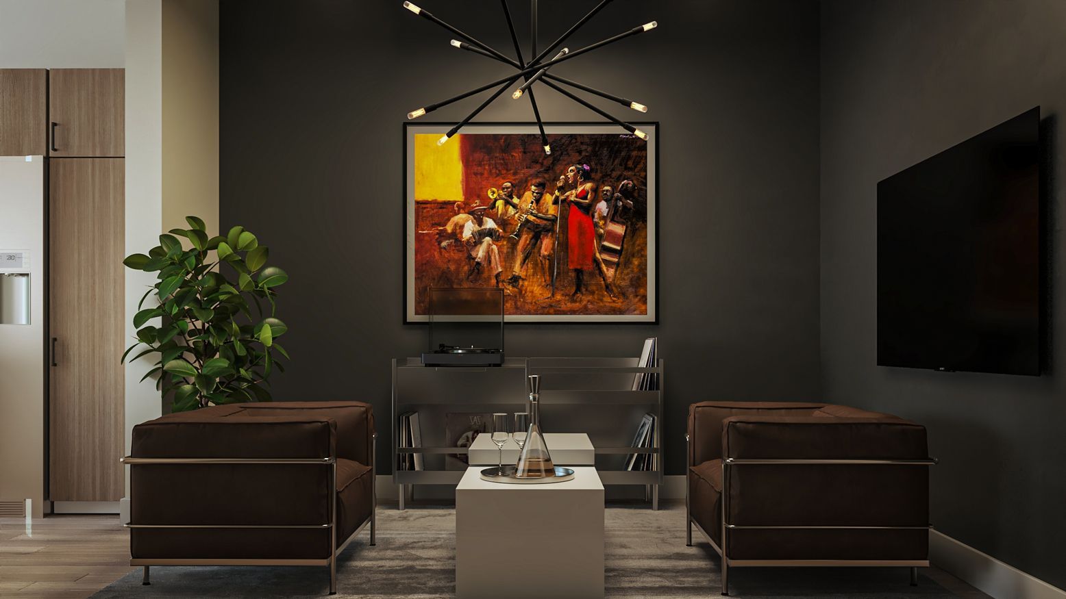 A living room with two chairs , a table , a television and a painting on the wall.