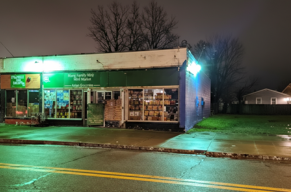 A small grocery store at night with bright green and white signage, wet road, and some trees in the background.