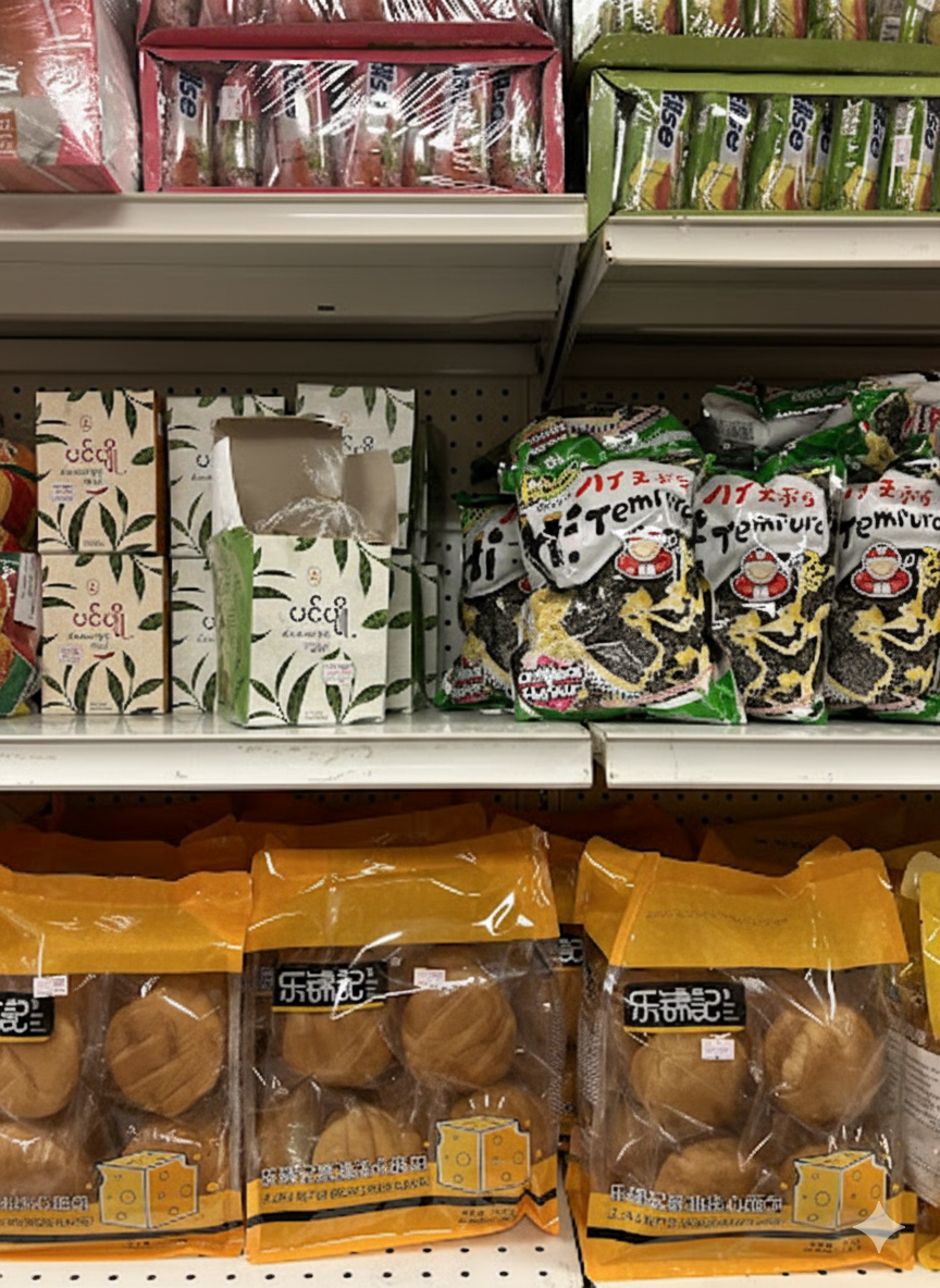Shelves stocked with Asian snacks: cookies, pastries, and packaged sweets.