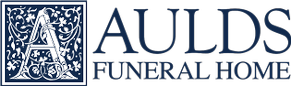Logo of Aulds Funeral Home with an ornate "A" in a blue square. The text is dark blue.