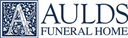 Logo of Aulds Funeral Home with an ornate "A" in a blue square. The text is dark blue.