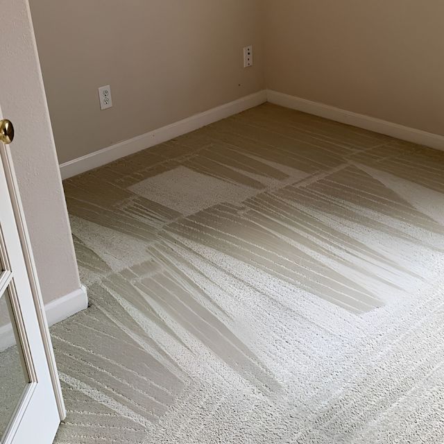 Empty beige room with white trim and carpet showing fresh vacuum or cleaning streaks