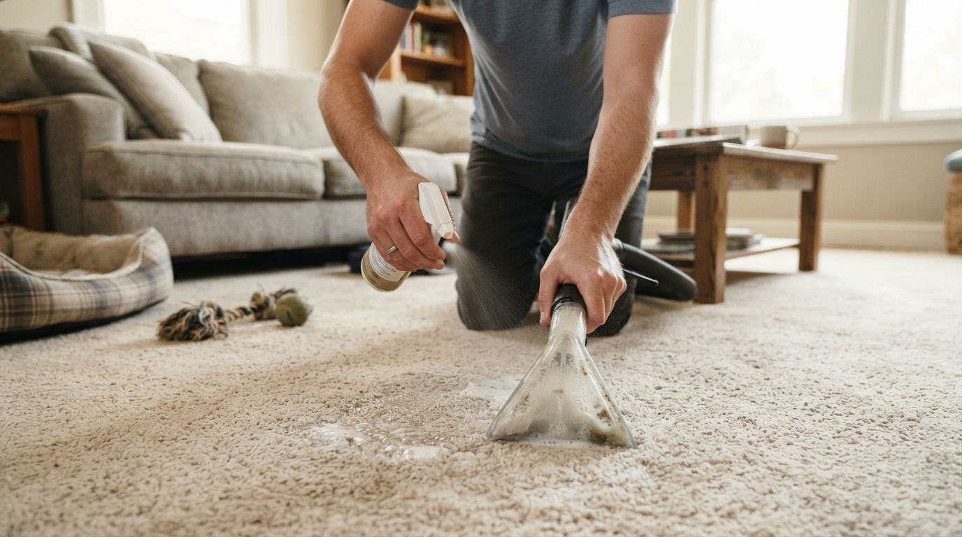 Person vacuuming a beige carpet in a bright living room, with a dog bed nearby