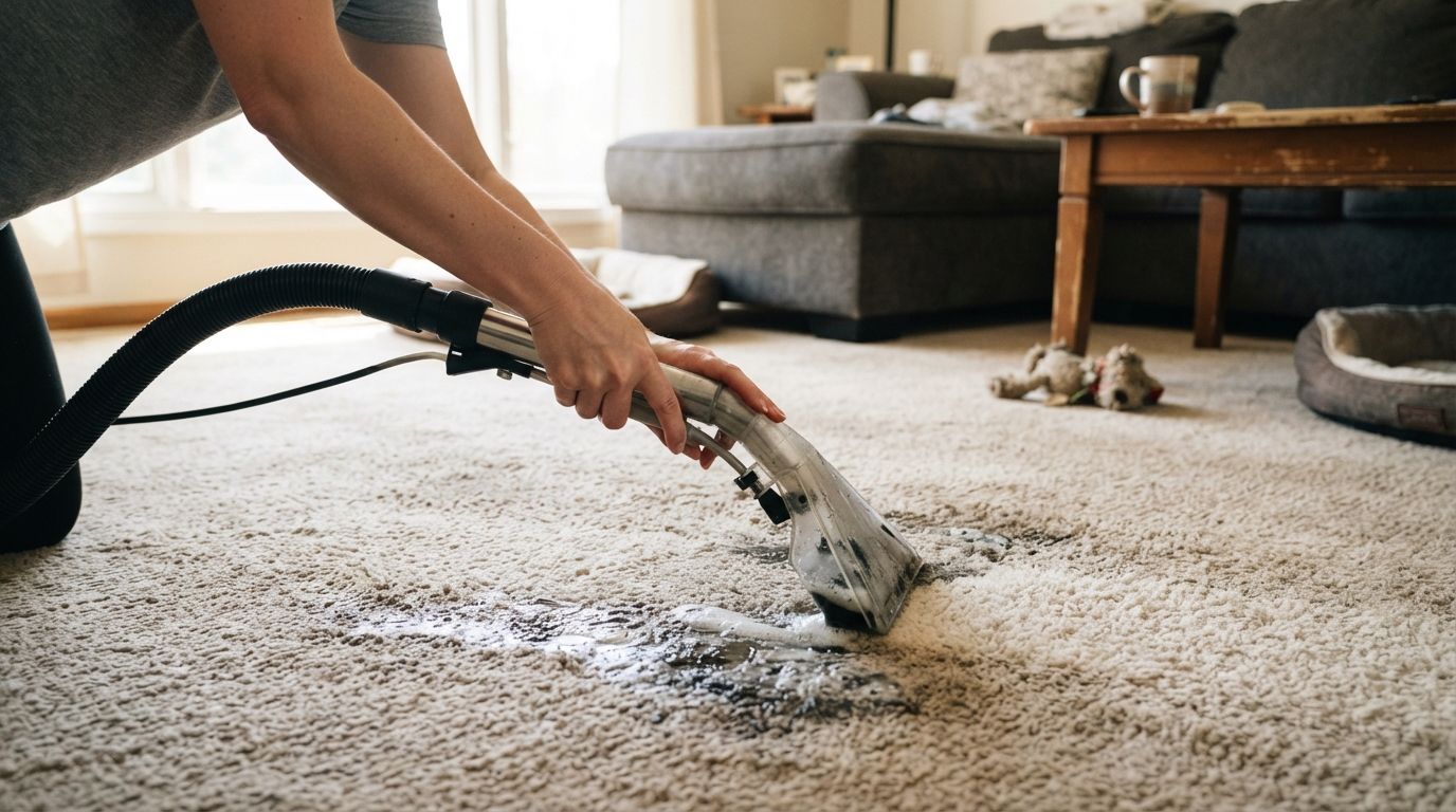 Person vacuuming a beige carpet in a living room with a sofa and table in the background