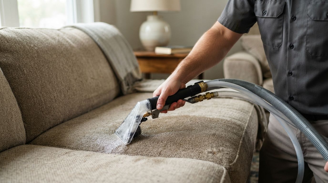 Technician steam-cleaning a beige sofa with a hose attachment
