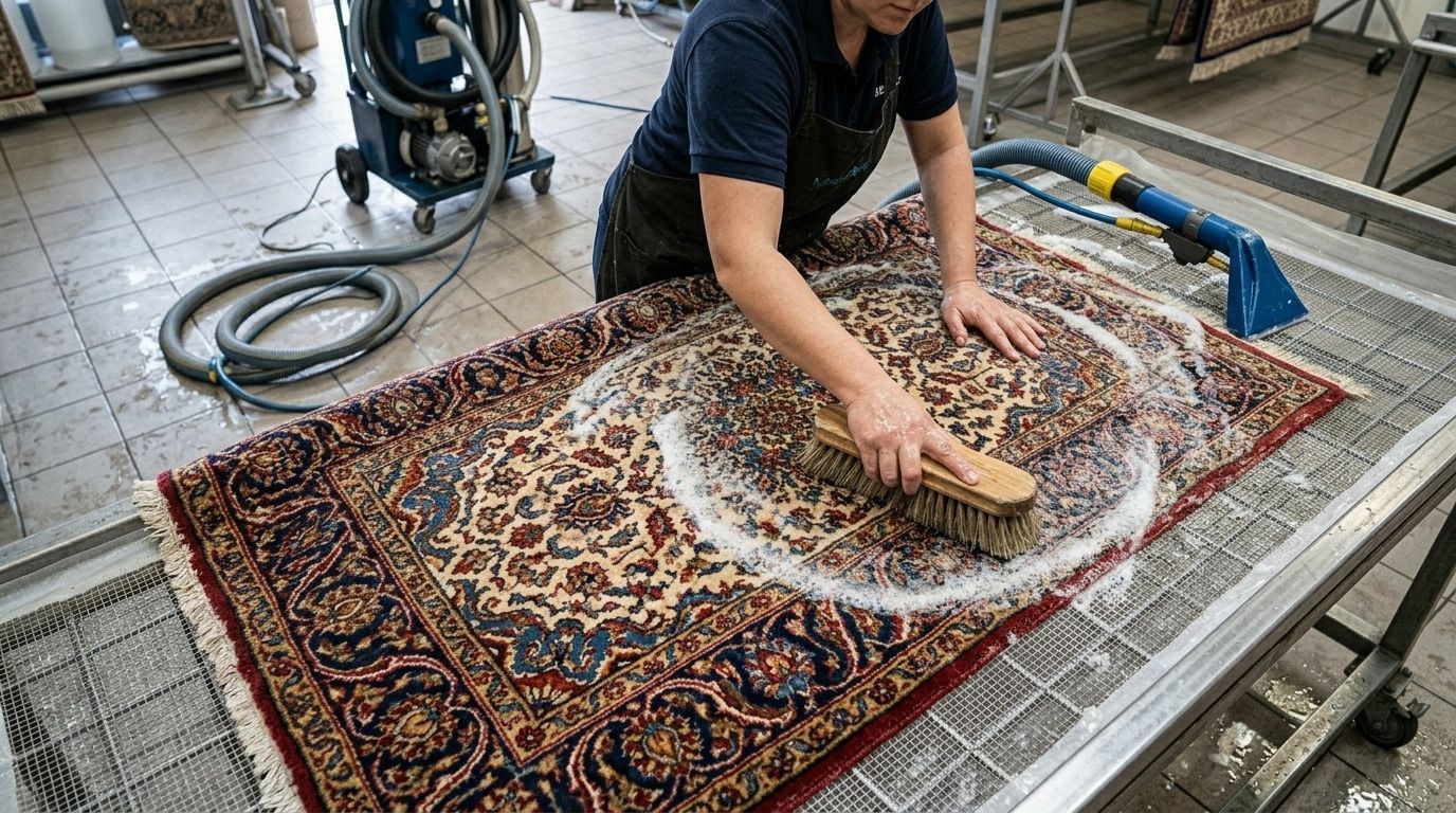 Person scrubbing a large patterned rug on a worktable with soap and water